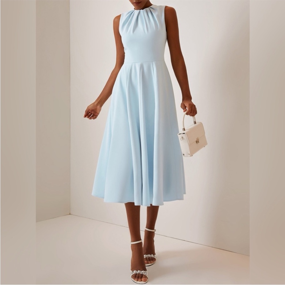 New Fehaute Dress in Light baby Blue flare sleeveless crew neck midi